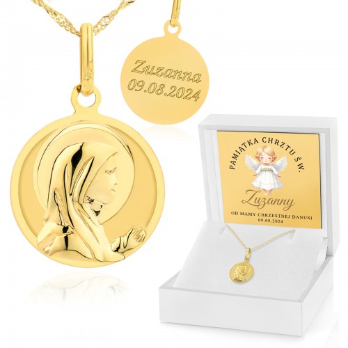 Złoty medalik z grawerem pr. 585 na chrzest dla dziewczynki - Aniołek