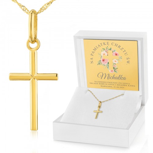 Złoty krzyżyk z łańcuszkiem pr. 585 na chrzest - Kwintesencja wiary