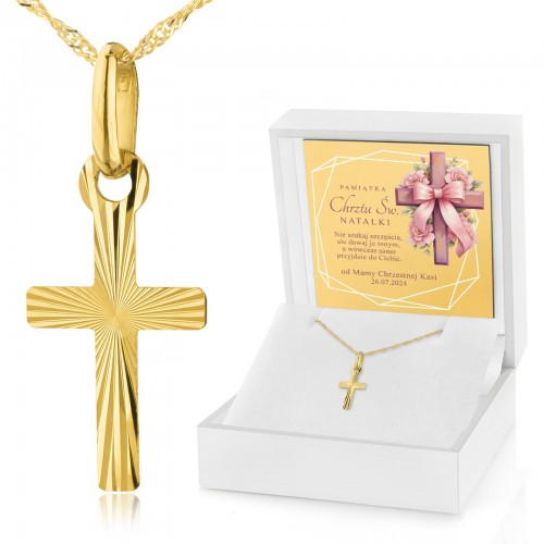 Złoty krzyżyk z łańcuszkiem 585 na chrzest dla dziewczynki - Szczęście