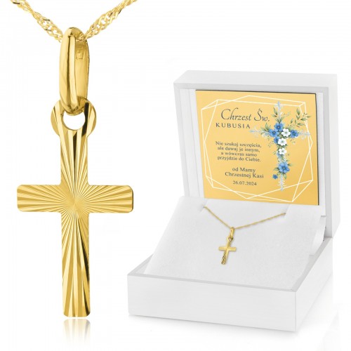 Złoty krzyżyk z łańcuszkiem 585 w etui z nadrukiem na chrzest - Błękit
