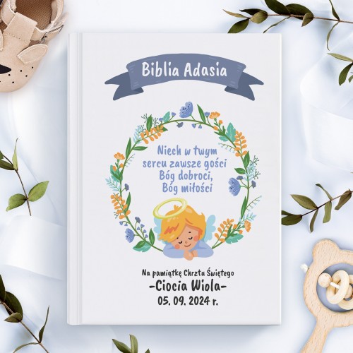 Biblia z nadrukiem na chrzest dziecka - Anioł