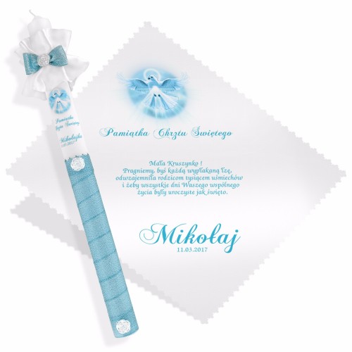 Świeca i szatka na chrzest z nadrukiem dla chłopca - Błękitny Gołąbek