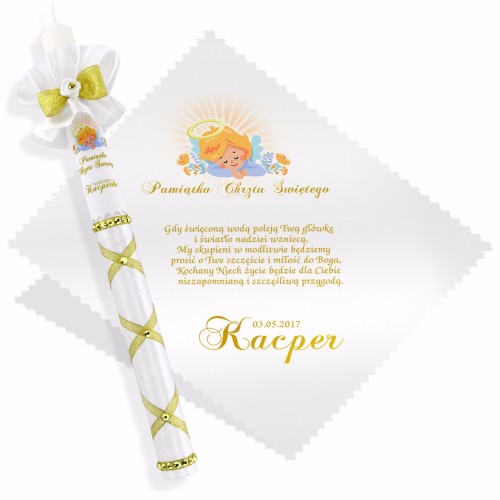 Zestaw na chrzest: świeca i szatka z personalizacją - Gold Angel