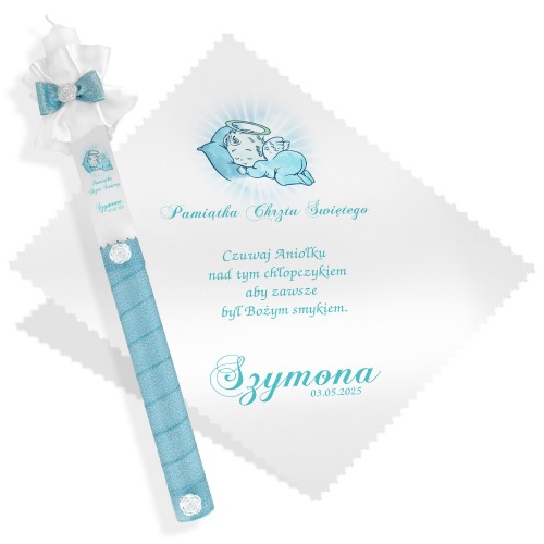 Zestaw na chrzest świeca i szatka z personalizacją - Niebieska Perełka