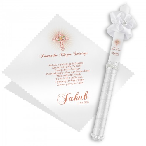 Zestaw na chrzest święty: świeca i szatka z personalizacją - Silver Light