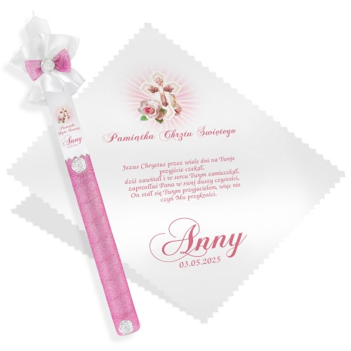 Zestaw na chrzest święty: świeca i szatka z nadrukiem - Liliowa różyczka