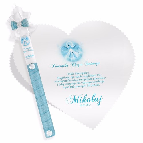 Świeca i szatka serce na pamiątkę chrztu - Błękitny Gołąbek