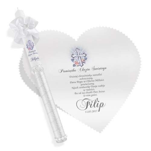 Szatka i świeca na chrzest z nadrukiem imienia chłopca White Pearl