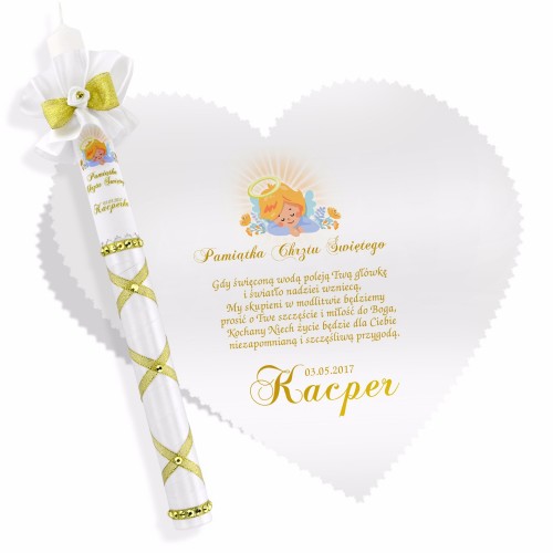 Świeca i szatka serce na pamiątkę chrztu - Gold Angel