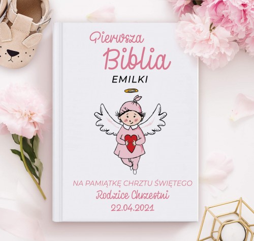 Biblia dla dzieci z nadrukiem na chrzest - Różowy Aniołek