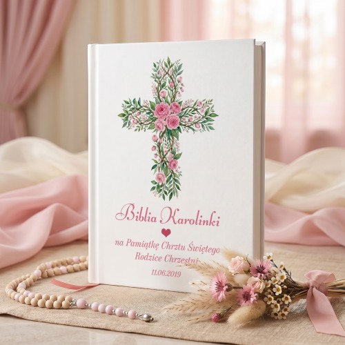 Biblia dla dzieci z dedykacją na chrzest - Różowe Kwiaty