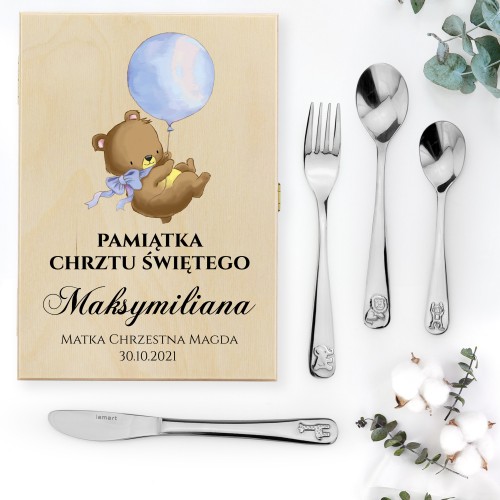 Sztućce dla dzieci z grawerem w pudełku z nadrukiem - Wesołe Zwierzątka