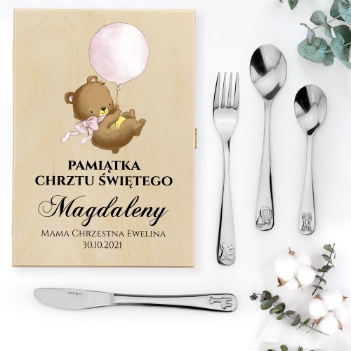 Sztućce dla dzieci z grawerem w pudełku z nadrukiem - Radosne Zwierzątka