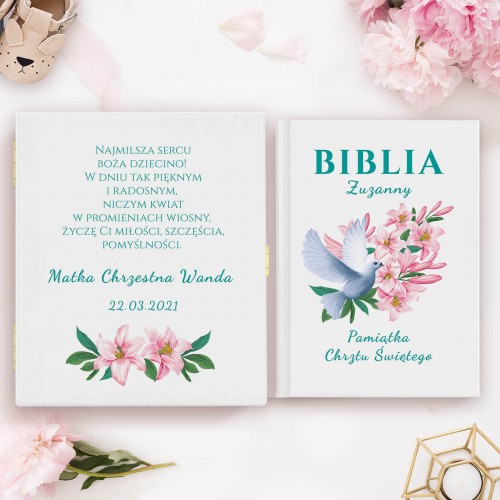 Biblia dla dzieci w szkatułce na chrzest - Różowe Kwiaty Lilii