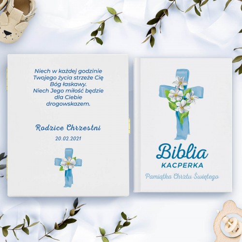 Biblia dla dzieci w drewnianym pudełku na chrzest - Niebieski Krzyż