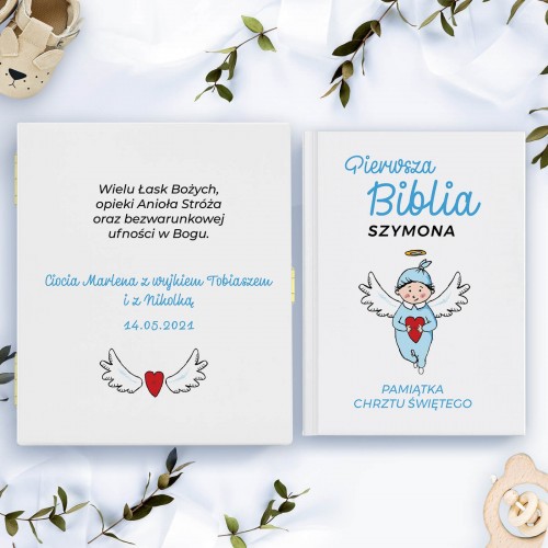 Biblia dla dzieci z personalizacją w szkatułce na chrzest - Błękitny Anioł