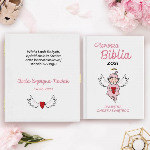 Biblia dla dzieci w drewnianej szkatułce na chrzest - Pastelowy Anioł