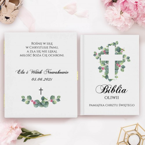 Biblia dla dzieci w drewnianym pudełku na chrzest - Różowy Krzew