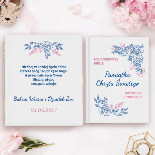 Biblia dla dzieci w szkatułce z nadrukiem na chrzest - Bukiet Róż