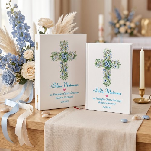 Biblia dla dzieci w drewnianym pudełku na chrzest - Niebieskie Kwiaty