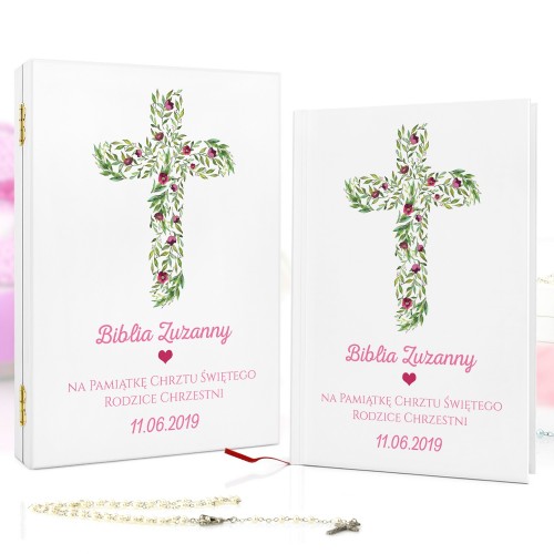 Biblia dla dzieci z personalizacją w pudełku na chrzest - Różowe Kwiaty