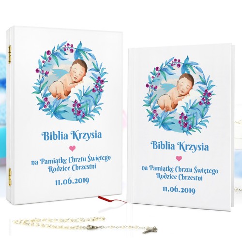 Biblia dla dzieci w drewnianej szkatułce na chrzciny - Śpiący Aniołek