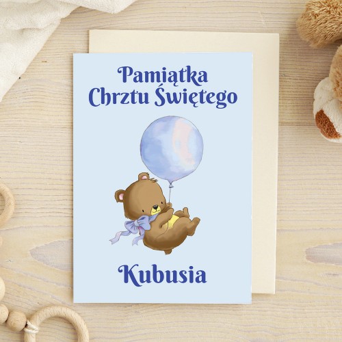 Kartka na chrzest z personalizacją dla chłopca - Miś