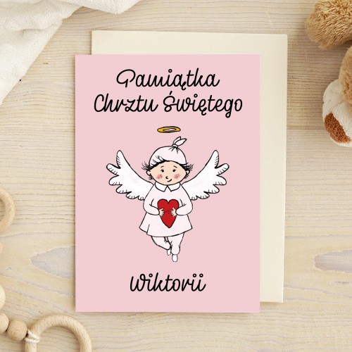 Kartka na chrzciny z życzeniami dla dziewczynki - Aniołek z Sercem