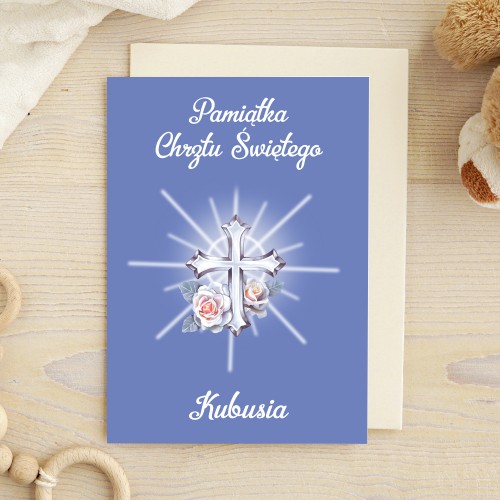 Kartka z personalizacją na chrzest dla chłopca - Krzyż z Promieniami