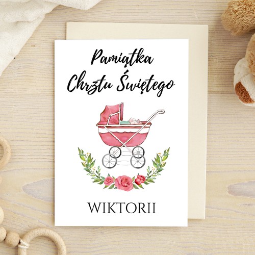 Kartka z dedykacją na chrzest dla dziewczynki - Wózeczek