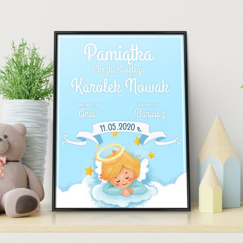 Plakat w ramce (30x40 cm) na chrzest dla chłopca - Mały Święty