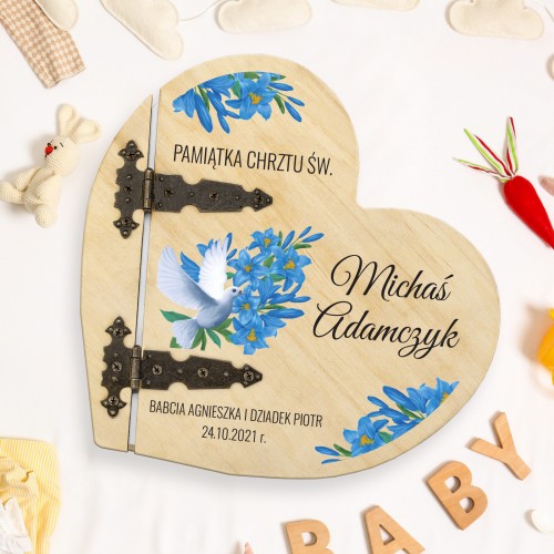 Drewniany album serce z nadrukiem - Błękitny Gołąbek