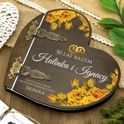 Drewniany album serce z nadrukiem - Złota Rocznica