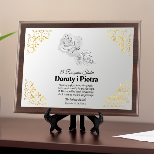 Certyfikat na 25 rocznicę ślubu z emblematem róży - Dla rodziców