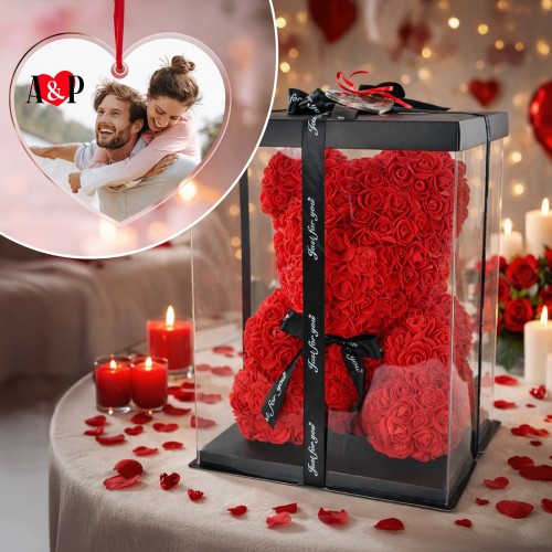 Miś z róż 40cm i zawieszka ze zdjęciem dla zakochanych - Romantyk