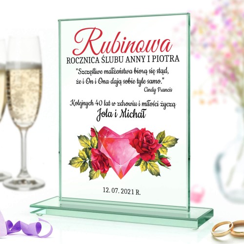 Szklana statuetka z nadrukiem na 40 rocznicę ślubu - Rubinowe serce