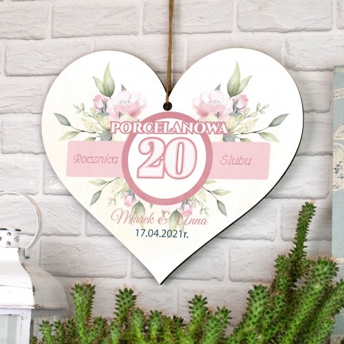 Tabliczka serce z nadrukiem na 20 rocznicę ślubu - Porcelanowa