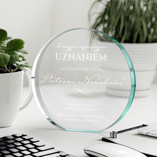 Statuetka szklana z grawerem dla pracownika - Uznanie