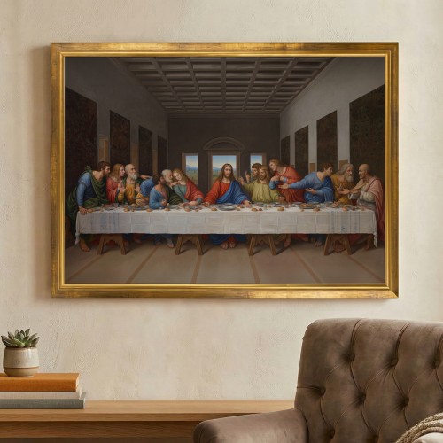 Obraz do salonu Ostatnia Wieczerza 50x70 cm w złotej ramie - Święty posiłek - Rocznicą święceń kapłańskich