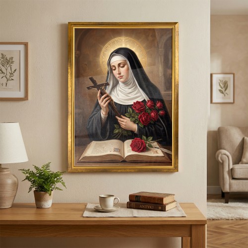 Obraz do salonu Święta Rita (50x70 cm) w złotej ramie - Pomoc i nadzieja