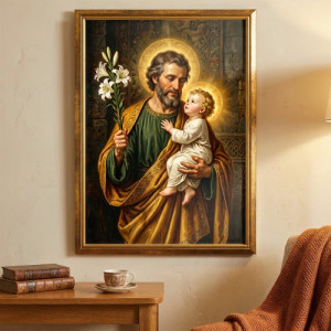 Obraz do salonu Święty Józef 50x70 cm w złotej ramie - Opiekun rodziny