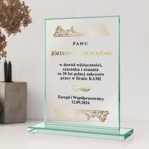 Statuetka szklana z nadrukiem na jubileusz firmy - Szacunek i uznanie