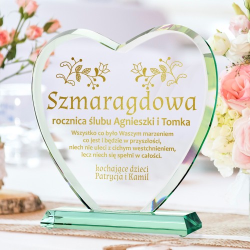 Szklana statuetka z grawerem na 55 rocznicę ślubu - Szmaragdowa