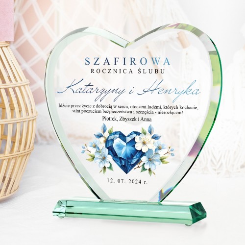 Statuetka szklana z nadrukiem na 45 rocznicę ślubu - Szafirowa rocznica