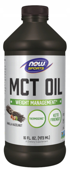 NOW Foods MCT OIL LIQUID OLEJ z kokosa Vanilla Hazelnut SMAK WANILII i ORZECHA Trójglicerydy kwasów tłuszczowych średniołańcuchowych- suplement diety-