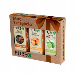 Pureo Moc Szczęścia zestaw naturalnych olejków eterycznych limonkowy pomarańczowy cynamonowy 3 x 10 ml