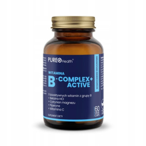 Pureo B-COMPLEX PLUS ACTIVE 11 bioaktywnych witamin z grupy B, betaina, magnez, piperyna, Witamina C 60 kapsułek vege