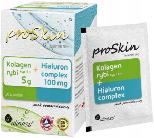 Aliness ProSkin Kolagen rybi 5 g + Hialuron Complex 100 mg 30 saszetek smak pomarańczowy kolagen typu I i III