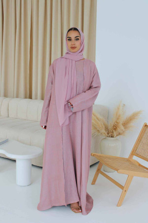 3 Piece Linen Abaya Set In Pink - 62 | Stylish Abayas for Women | Modest Fashion & Clothing | Rabaya