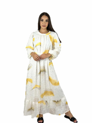 Printed Floral Maxi Dress In Yellow - 46 | Modest Fashion & Clothing | Rabaya
